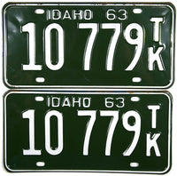 A pair of classic unused 1963 Idaho truck license plates for sale by Brandywine General Store in excellent minus condition