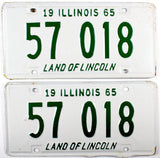 A pair of classic 1965 Illinois Passenger Automobile License Plates for sale by Brandywine General Store in excellent minus condition
