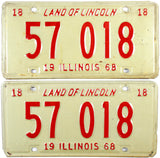 A Pair of classic 1968 Illinois Car License Plates for sale at Brandywine General Store in very good condition