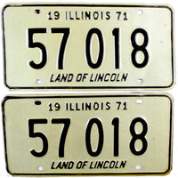A pair of classic 1971 Illinois Passenger Automobile License Plates for sale by Brandywine General Store in very good plus condition