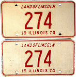 A pair of classic 1974 Illinois Car license plates for sale by Brandywine General Store with low DMV #274