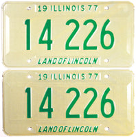 A pair of classic 1977 Illinois Passenger Automobile License Plates for sale by Brandywine General Store in excellent plus condition
