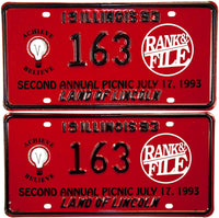 A pair of 1993 Illinois special event Rank and File license plates for a passenger car for sale by Brandywine General Store in near mint unused condition