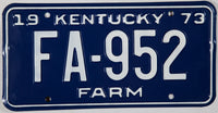 1973 KY Farm License Plate in NOS Excellent condition