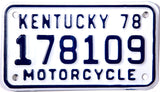 A classic 1978 Kentucky Motorcycle License Plate for sale by Brandywine General Store in New Old Stock excellent plus condition