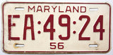 1956 Maryland Car License Plate in very good condition