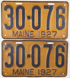 An antique pair of 1927 Maine passenger car license plates