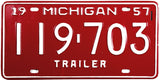 An Antique New Old Stock 1957 Michigan Trailer License Plate for sale by Brandywine General Store in excellent plus condition
