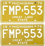 A pair of NOS 1970 Michigan passenger automobile license plates for sale by Brandywine General Store