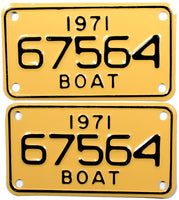 A pair of classic NOS 1971 Michigan Boat License Plates for sale by Brandywine General Store in unused excellent plus condition