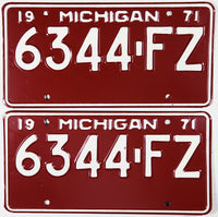 A pair of New Old Stock 1971 Michigan Commercial License Plates for sale by Brandywine General Store in excellent condition