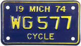 A NOS 1974 Michigan Motorcycle License Plate for sale by Brandywine General Store in excellent minus condition
