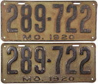 A pair of antique 1920 Missouri passenger car license plates for sale by Brandywine General Store grading very good minus