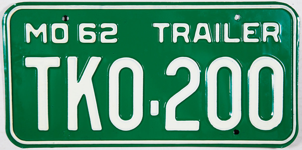 A classic NOS 1962 Missouri Trailer license plate