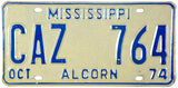 1974 Mississippi License Plate NOS Excellent condition