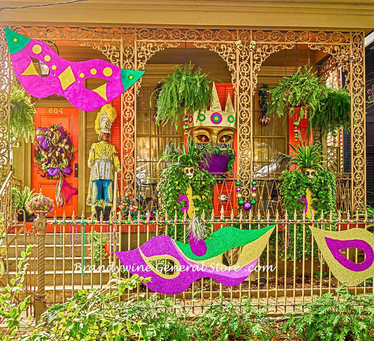 A premium quality art print of Mardi Gras Porch Decorations Amid Hanging Ferns in New Orleans