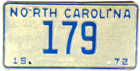 1972 North Carolina passenger car tag with a low DMV Registration number