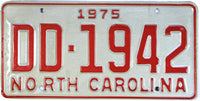 A 1975 North Carolina automobile license plate grading NOS excellent plus
