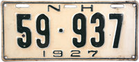 An antique 1927 New Hampshire License Plate for a passenger automobile for sale by Brandywine General Store in very good plus condition