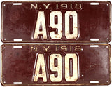 A pair of antique 1918 New York car license plates in very good condition with great low DMV registration number of A90