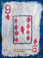 A folk art style print of the nine of diamonds playing card on a blue board