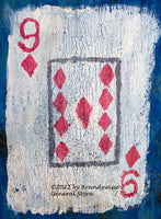 A folk art style print of the nine of diamonds playing card on a blue board