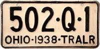 An antique 1938 Ohio Trailer License Plate grading NOS Excellent minus for sale by Brandywine General Store