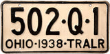 1938 Ohio Trailer License Plate