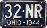 A 1944 Ohio passenger automobile WWII License Plate for sale by Brandywine General Store shortie tag in very good condition