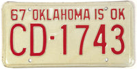 1967 Oklahoma License Plate Excellent Plus condition