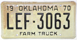 A NOS 1970 Oklahoma farm truck license plate for sale by Brandywine General Store in very good condition