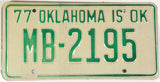 1977 Oklahoma License Plate in Excellent condition