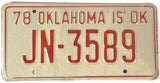 1978 Oklahoma License Plate Excellent Minus Condition