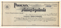An early 1900s Phoenix Mining Syndicate unissued stock certificate with the stub attached