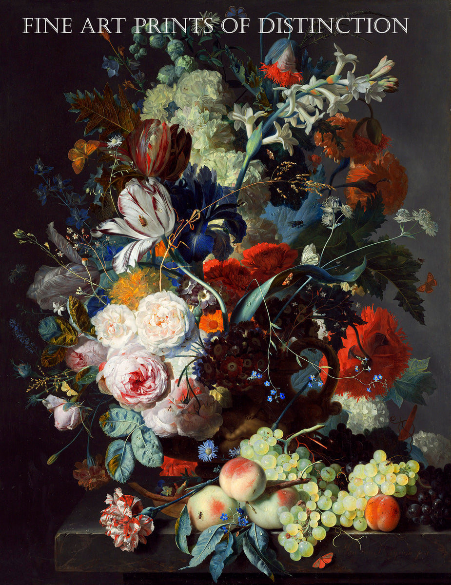 Still Life with Flowers, Peaches and Grapes painted by the Dutch artist Jan Van Huysum