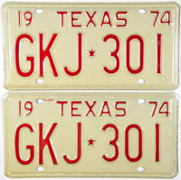 A pair of classic 1974 Texas passenger car license plates for sale by Brandywine General Store in excellent minus condition