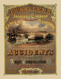 An archival print of an antique advertising poster for Travelers Insurance