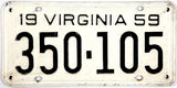 1959 Virginia License Plate single tag