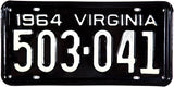 1964 Virginia License Plates Single Tag