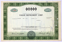 A 1968 Vogue Instrument Corporation stock certificate issued for 5 shares of common stock in the company