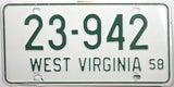 1958 West Virginia License Plate in excellent minus condition