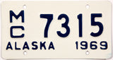 A classic 1969 Alaska motorcycle license plate for sale at Brandywine General Store in near mint condition