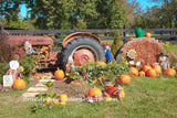 art print of Fall Display with rusted tractor and Pumpkins