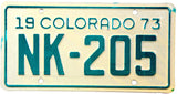 A classic 1973 Colorado Motorcycle License Plate for sale by Brandywine General Store in excellent plus condition