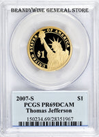 2007-S Thomas Jefferson Dollar PCGS Proof 69 Deep Cameo