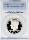 1978-S Kennedy Half Dollar that has been certified perfect by PCGS at Proof 70 Deep Cameo