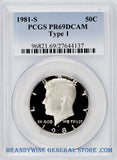 1981-S Kennedy Type 1 Half Dollar certified by PCGS at Proof 69 Deep Cameo