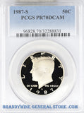1987-S Kennedy Half Dollar certified perfect by PCGS at Proof 70 Deep Cameo