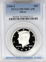 1998-S Kennedy Silver Half Dollar certified perfect by PCGS at Proof 70 Deep Cameo
