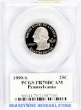 1999-S Pennsylvania Statehood Quarter certified by PCGS at Proof 70 Deep Cameo Obverse